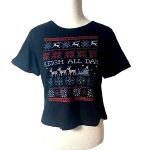 NWT ATTITUDE NOT INCLUDED Women XL Black CHRISTMAS Cropped Tee "Sleigh All Day"